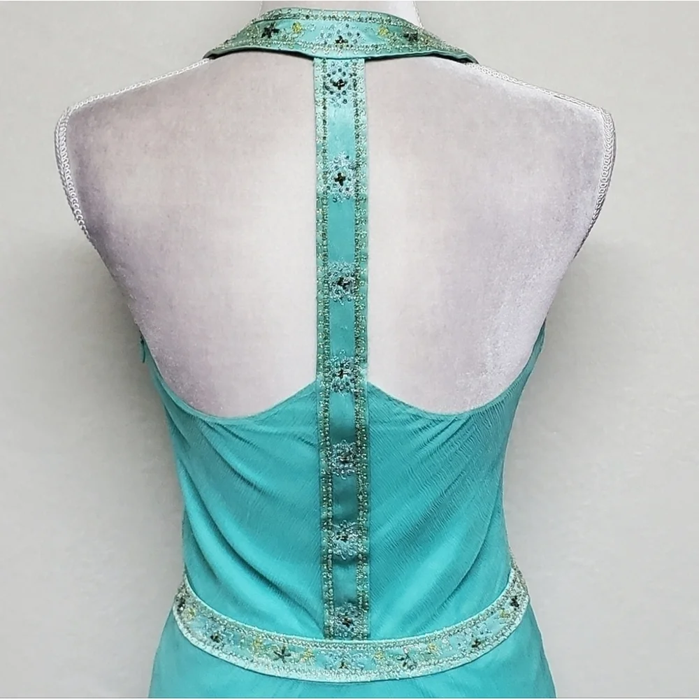 Vintage 90s Laundry by Shelli Segal Aqua Silk Chiffon Sequin T-Back Hi-low Dress - Picture 12 of 16